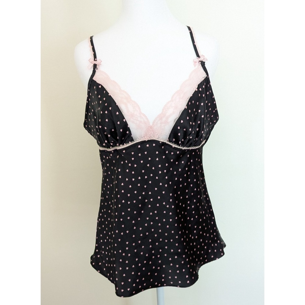 Satin Babydoll Heart Tank Top Sz M Lace Trim Romantic Y2K Coquette Cami Pink
